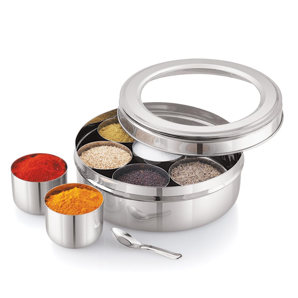 Escrow Stainless Steel Masala Dani/Spice box for Kitchen with See through Lid, Masale dabba with 7 Containers, Masaliyu/Anjarai petti with Small Spoon (18.5cm Dia, 1.5L, 11no. Silver)