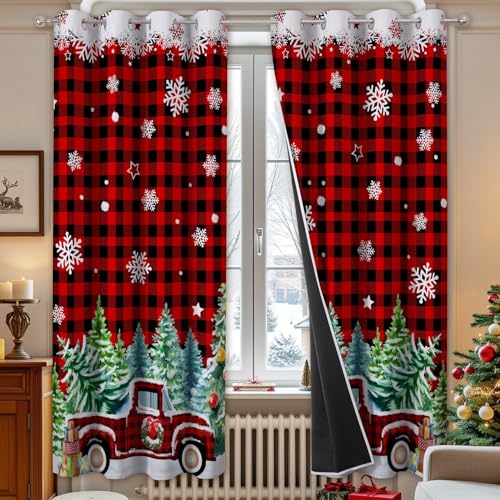 Christmas Curtains 96 Inches Long, Red Plaid Truck Living Room Blackout Curtains Room Darkening, Light Blocking Xmas Snowflake Thermal Insulated Drapes Grommet for Bedroom Bathroom, 2 Panels