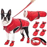 Sunnymove Winter Dog Coat and Snow Boots with Heavy Duty Dog Leash Waterproof Puppy Winter Jacket Cold Weather Coats Set Reflective for Small Medium Size Dogs Walking (Medium)
