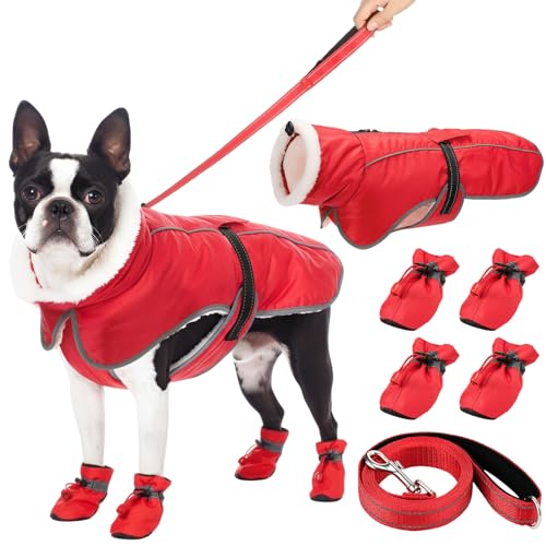 Sunnymove Winter Dog Coat and Snow Boots with Heavy Duty Dog Leash Waterproof Puppy Winter Jacket Cold Weather Coats Set Reflective for Small Medium Size Dogs Walking (Medium)