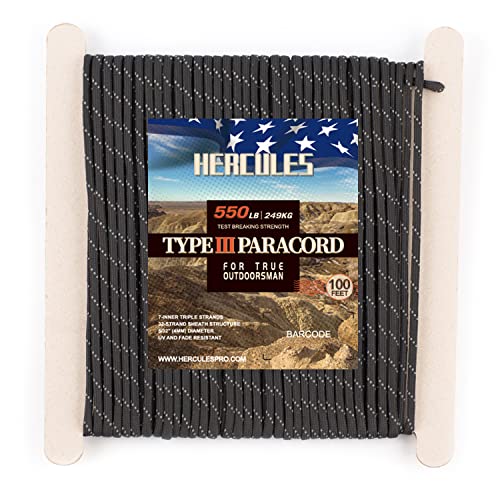 HERCULES パラコード 反射 タープ ロープ テント用ロープ ガイドロープ パラシュートコード 耐荷重250kg 7芯 反射黒 30m（Amazon）
