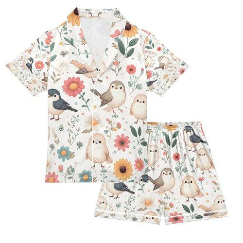 senya Cute Birds and Flowers B Satin Summer Pajama Sets Silk Short Sleeve Button Down Sleepwear