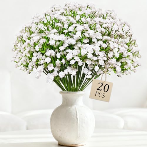 Cherica 20 Pcs Real Touch Babys Breath Artificial Flowers White Fake Flowers Baby Breath Flowers Artificial Bulk with Stems Branches for Vase Wedding Party Garden Home Decor Centerpiece Arrangements