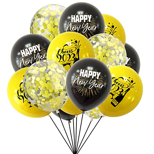 12pcs Silvester Deko 2023 Luftballons, Happy New Year 2023 Luftballons, 2023 Neujahr Deko Luftballons Gold Schwarz Latex Luftballons Happy New Year Konfetti Luftballons, 2023 Silvester Party Supplies Cover