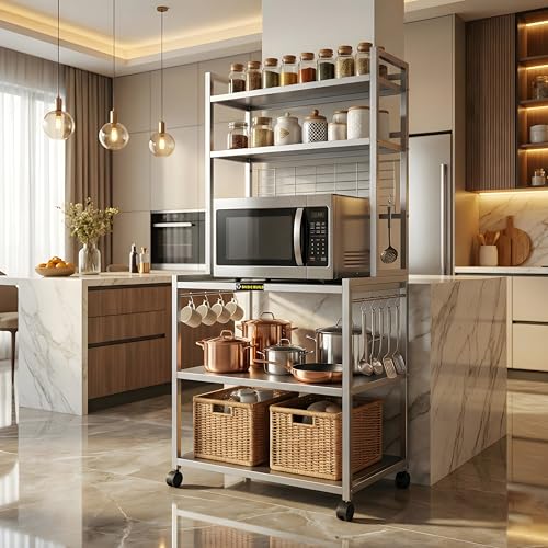 Image of Metal Microwave Oven Stand with Storage Shelves & Hooks | Heavy Duty Multi-Level Kitchen Rack with Wheels | Appliance Organizer (MS 5 Silver)