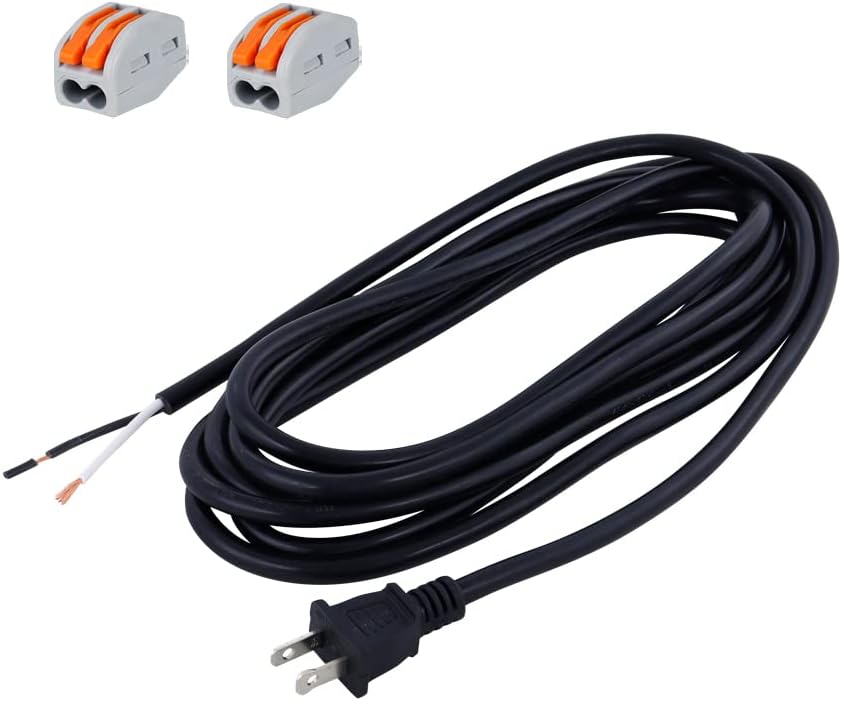 12FT Replacement Power Cord 2 Prong 16 AWG Polarized Open End Wire 13A 1625W Replace Old 120V AC Power Supply Pigtail Cords 2C Wire SJT 16 Gauge Repairing Round Cord Black