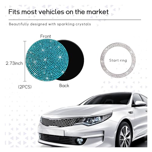 Image of Ziciner 2 Pack Bling Car Cup Holder Coaster, Anti-Slip Auto Insert Coaster with Start Stop Button Cover, Universal Shiny Crystal Vehicle Interior Accessories for Women and Girls (Light Blue)