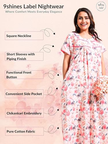 Image of 9shines Label Stylish Chikankari Cotton Nighty Maxi for Women | Full Length Nightgown | Nightdress with Pocket | Embroidery Nighty | Soft Comfortable Cotton Nightwear (1545)