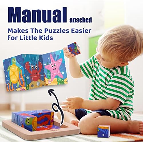 Wooden Block Puzzles for Kids Montessori Toys for Toddlers Educational Preschool Learning Sea Animals Cube Puzzle with Storage Tray - 6 Puzzles in 1 2 51aSMHsZm9L. AC
