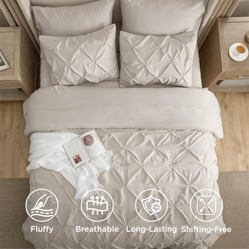 Image of Bedsure Queen Comforter Set Linen - Bed in a Bag Queen Size Bedding 7 Pieces, GentleSoft Pintuck Bed Set Gift for Family, All Season Down Alternative Comforter with Sheets, Pillowcases & Shams
