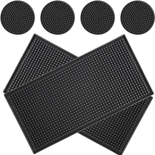 KOMUNJ 2 alfombrillas de bar con 4 posavasos, 30 x 15 cm, alfombrilla de drenaje de goma, alfombrilla de secado de silicona negra, alfombrilla de secado de silicona negra, alfombrilla de servir para