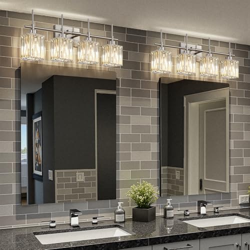 Image of Torondo Modern Crystal Bathroom Vanity Light 4-Light Brushed Nickel Bathroom Light Fixtures Over Mirror Vanity Lighting Fixtures Square Shade Wall Sconce (Bulbs Not Include)