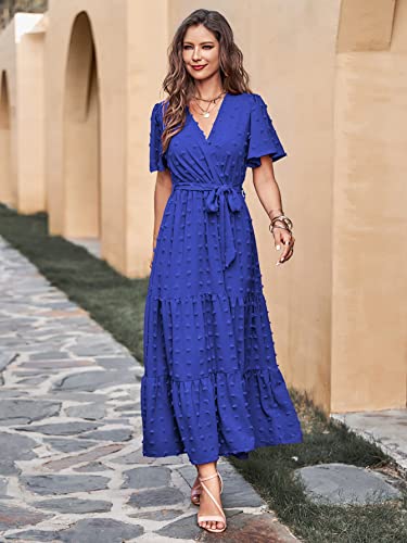 Image of MASCOMODA Women Boho Swiss Dot Maxi Dresses Wrap V Neck Flutter Short Sleeve Solid Tie Waist A Line Tiered Flowy Long Dresses