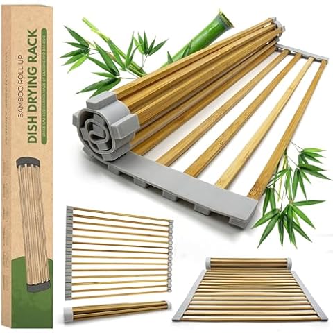 AIRNEX Bamboo Sink Drying Rack, Roll Up Dish Drying Rack Over The Sink Kitchen, Wooden Over The Sink Drying Rack for Kitchen Sink, Roll Out Sink Drainers, Kitchen Sink Accessories (17 x 12 in) Cover