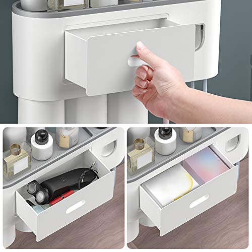ROOHUA Wall Mounted Toothbrush Holder with Magnetic Cup and Automatic Toothpaste Dispenser Set. Suspension Rack with Storage Drawer .Suitable for Family Bathroom - no Drilling Studs (Grey, 2 Cups)