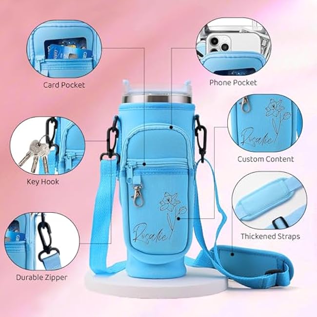 Water Bottle Holder with Strap Custom Cup Carrier for Stanley 30 oz 40 oz Water Bottle Carrier Bag with Name Birthflower Phone Pocket for Stanley Cup Accessories Gift