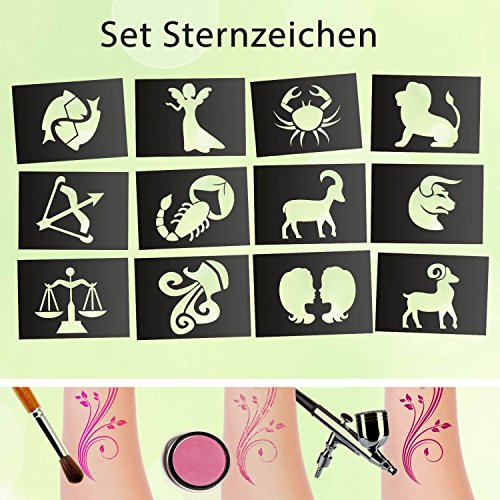 Preisvergleich Produktbild Tattoo Schablonen SET Sternzeichen (12 Stück) Selbstklebend Kinderschminken Airbrush