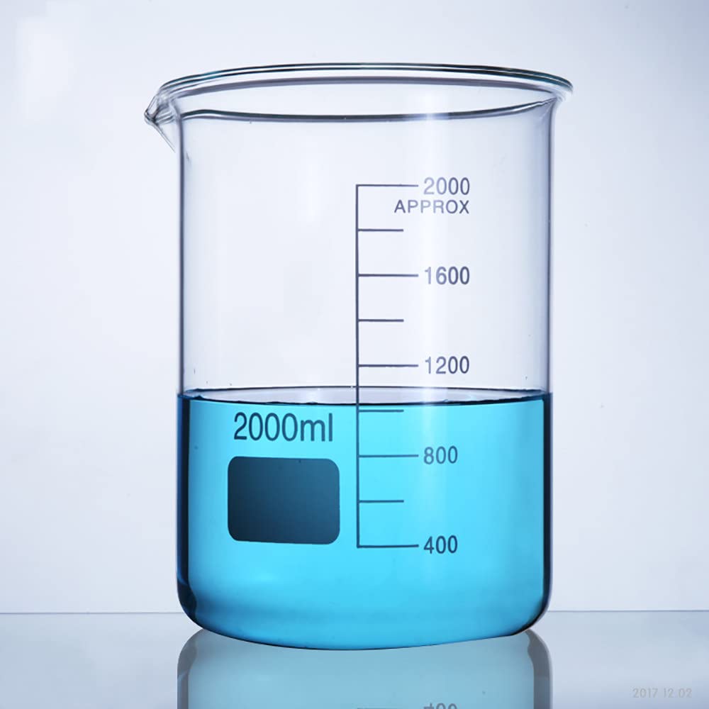 Vasos de Vidrio de Forma Baja de 2000 ml, Vasos medidores de Vidrio con graduación, Vaso de Laboratorio de borosilicato Transparente, Reutilizables, fáciles de Limpiar, para Laboratorio, Escuela y h