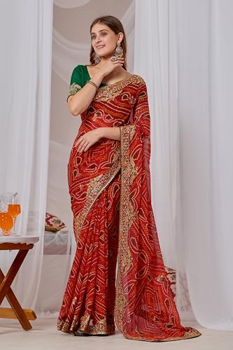 Image of Women's Georgette Bandhani Printed Embroidery Saree with Unstitched Blouse Piece