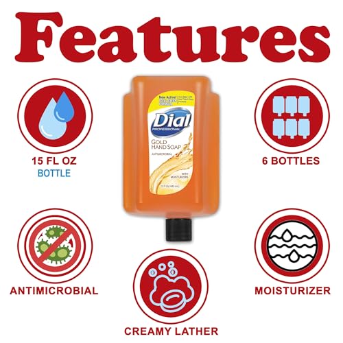 Image of Dial Gold Liquid Hand Soap Refill, 6 Pack Bulk, Dial Professional Versa Gold Hand Wash Dispenser Refill, Moisturizes skin, Floral Scent, for Commercial Use, Schools, Facilities, 15 oz. Each
