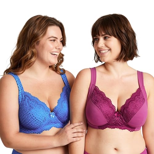 Curve Muse Women's Plus Size Unlined Underwire Lace Bra with Cushion Straps-Bluestone Print,Violet-Size:34B (EU:75B)