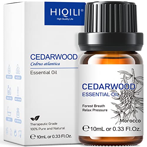 Image of HIQILI Cedarwood Essential Oil (0.33Fl Oz), 100% Natural Therapeutic Grade, for Hair & Skin Care, Soap Making, Add to Diffusers, Sprays - 10ml