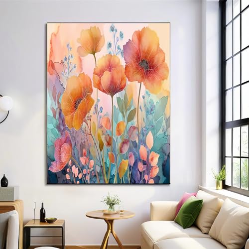 Tableau déco rouge clair fleurs aquarelle salle de bain grand format 70x100cm impression toile