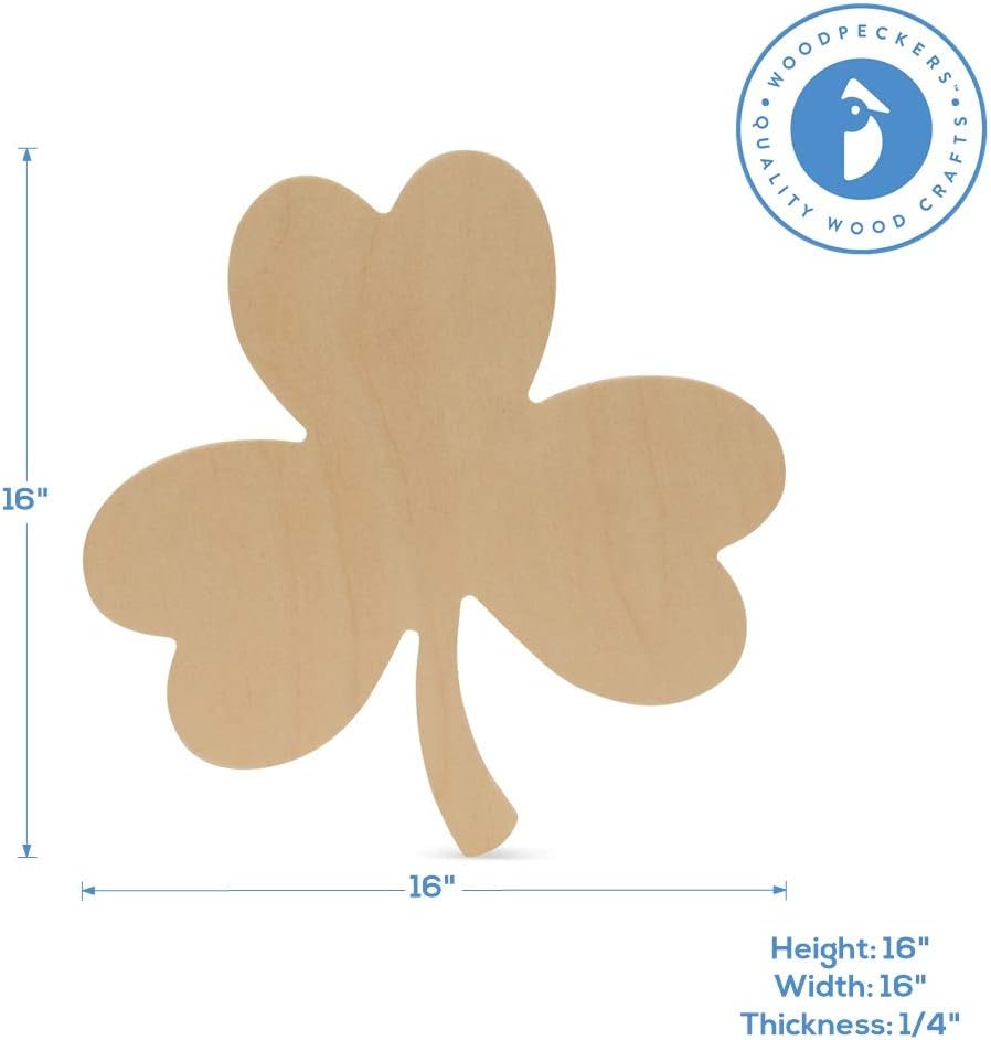 St Patricks Day Decorations, Unfinished Wood Shamrock Cutout, 16 Inches, Wooden Clover Décor, Pack of 1, by Woodpeckers