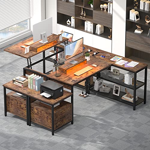 Aheaplus L Shaped Desk With Power Outlet, Standing Home Office Desk With Lift Top And File Drawer, 63'' Reversible Corner Computer Desk With Monitor Stand, Gaming Desk With Led Lights, Rustic Brown #TOP1