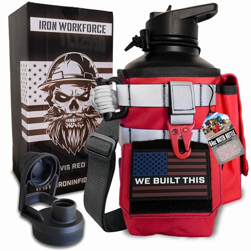 Image of Iron Infidel Workforce Water Bottle - 64 oz Insulated Stainless Steel | Half Gallon Vacuum Water Jug | Paracord Handle, Removable Sleeve | Large Thermal Flask | Hiking, Camping, Workouts (Red)