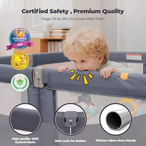 Image of Foldable Baby Playpen, 47 inchx49 inch Collapsible Play Pen for Babies Toddlers, 360 Vision Mesh Play Yard with Zipper Gate, Adjustable Shape Safety Baby Fence with Handles, Portable Indoor Outdoor, Grey