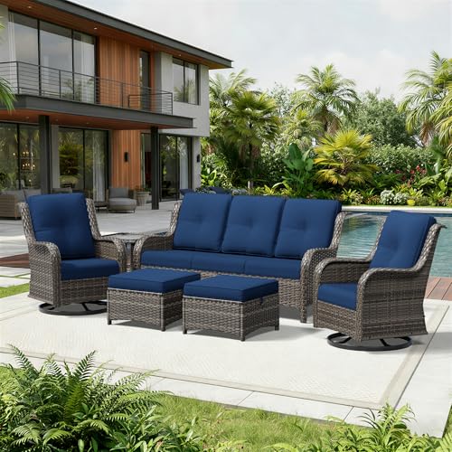 Image of Joyside 6 Piece Wicker Patio Furniture Set, Outdoor Swivel Rocker Patio Chairs with High Back, Deep Seating, Wide Armrest, Thickened Cushions, Outdoor Furniture for Deck, Porch Use