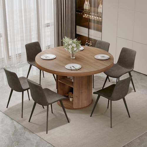 Image of HIPIHOM 5-Piece Dining Set for Small Spaces 43.3 inch Round Table & 4 PU Leather Chairs, Modern Farmhouse with Storage Shelf, Apartment Kitchen Easy Assembly (Walnut Color Table + 4 Modern GreyChairs)