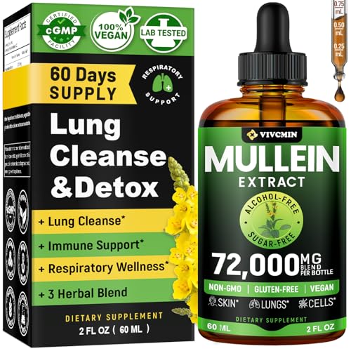 vivcmin Mullein Drops for Lungs with Licorice & Astragalus, Respiratory & Immune Support, Lung Detox for Smokers Tincture, Mullein Leaf Extract for Lung Cleanse, Sugar & Alcohol-Free, 2 fl oz
