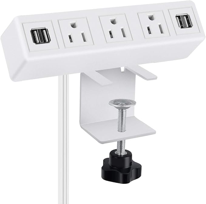3 AC Outlet Desk Clamp Power Strip White, Desk Mount USB