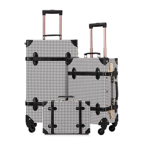 UNIWALKER Vintage Luggage Set of 3, Retro Spinner Trunk with Combo Lock for Women, Cute Designer Travel Suitcase Set with Train Case (26"+20"+12", grid)
