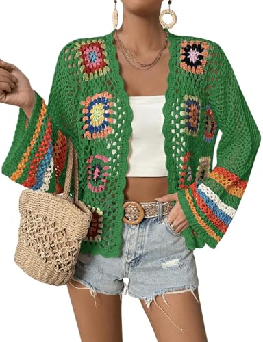 Kinghua Floral Crochet Cardigans for Women Trendy 2026 Spring Summer Hollow Out Open Front Boho Cardigan Sweater Tops, Green, M
