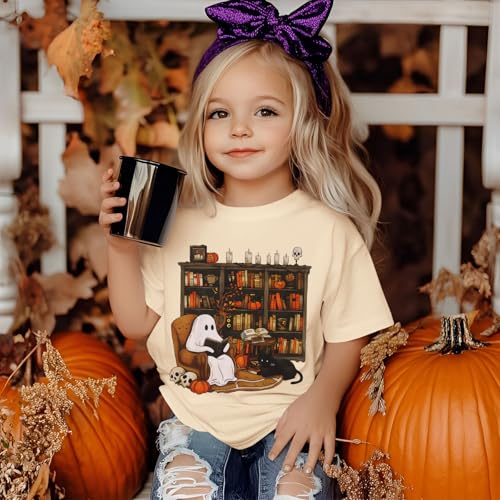 BOUTIKOME Halloween T-Shirts for Kid Girl Boy Fun Ghost Read Books Graphic Shirts Spooky Tees Short Sleeve Tops Fall Outfits3