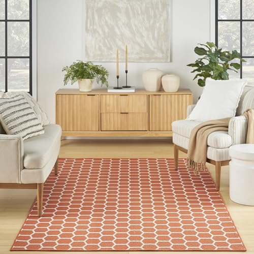 Nourison Home Reversible Indoor Outdoor Geometric Coral 4' x 6' Area Rug, Easy Clean, Non Shedding, Bed Room, Living Room, Dining Room, Kitchen (4x6)