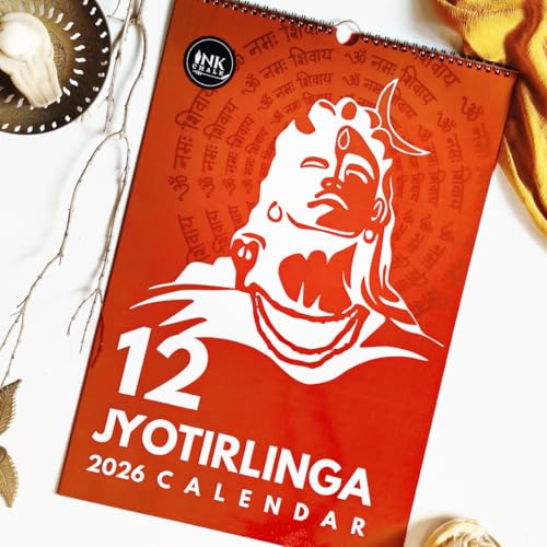 Image of 12 inchx9 inch 12 Jyotirlinga Wall Calendar 2026 | HD Temple & Linga Photos | Mythological Stories | Indian Holidays | Wiro-Bound | Gloss Laminated | Lord Shiva Calendar