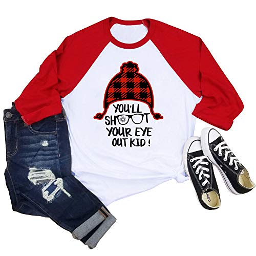 Rocksir Merry Christmas Graphic Plaid Hat tee You'll Shoot Your Eye Out Kid Cute Print Long Sleeve Shirt Tops (L Shoot)