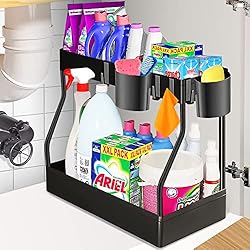 Bajo Fregadero Ikea BIAOQINBO Organizador Bajo Fregadero 2 Niveles,Almacenaje bajo Fregadero Cocina con 2 Cesta Colgante y 4 Ganchos,Estante Organizador Tipo L Almacenamiento Estable para Baño Cosméticos