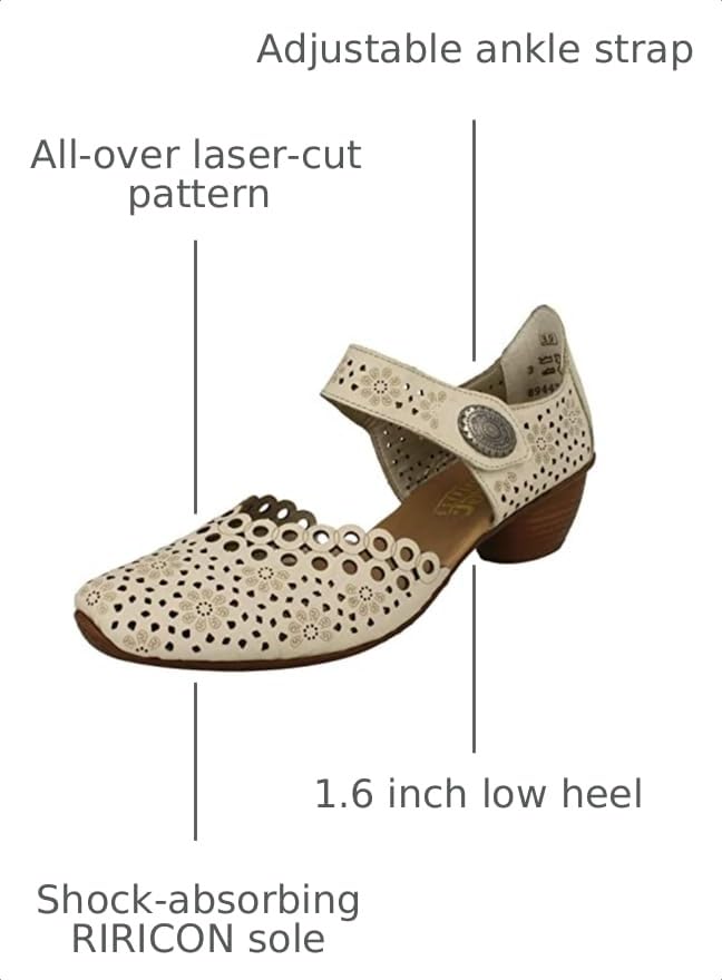 Image of Rieker 43753 Mirjam Women's Mary Jane Heels - Low-Heel Leather Shoes with Adjustable Ankle Strap & Laser-Cut Design - Comfortable Women's Heels for Casual & Dressy Wear