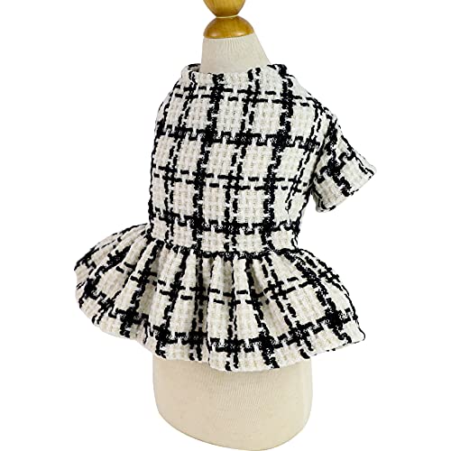 Fitwarm Vintage Plaid Dog Dresses Thermal Doggie Sweatshirt Pet Winter Clothes Puppy Girl One-Piece Breathable Skirt Doggy Dress Cat Outfits Apparel Black White Small #TOP6