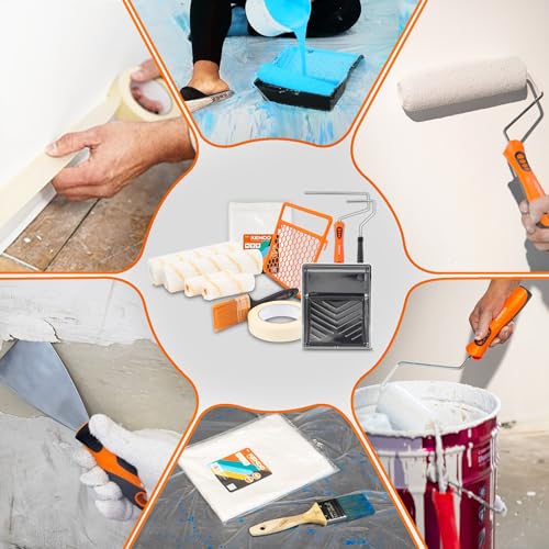 KENDO Malerset 19-teilig - Alles in einem Set - Farbroller Wandfarbe klein & groß mit Farbwanne & 3 Inlays zum Wechseln, Kreppband, Handschuhe, Pinsel und vieles mehr. Das kompletteste Streichset