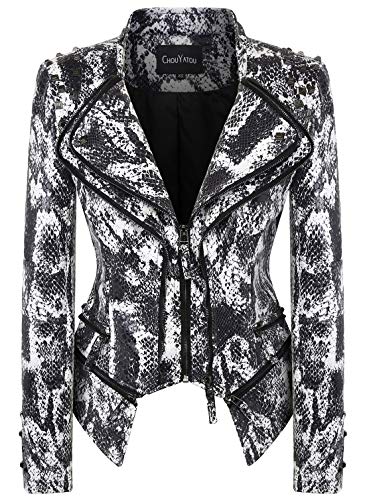 chouyatou Women's Fashion Snake Pattern Print Studded Moto Pu Leather