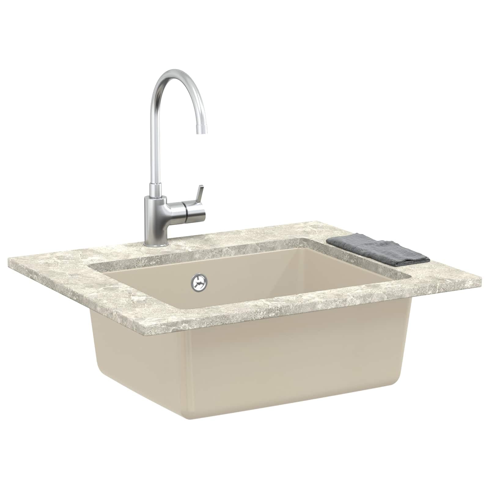 Fregadero de cocina beige de 530 x 460 mm, 80% cuarzo, 20% resina, fregadero empotrable con desagüe, juego de accesorios y rejilla para cestas, fregadero de granito resistente a los arañazos