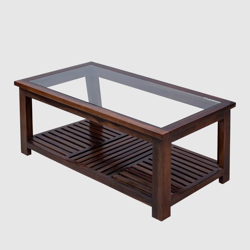 Image of Sheesham Wood Coffee Table with Storage Wooden Tea Table with Glass Top for Living Room Home Office Furniture Solid Wood Teapoy (Walnut Finish)