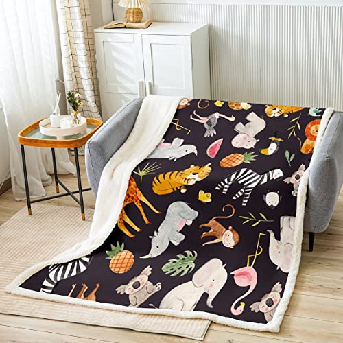 Cute Safari Animals Blanket Queen For Kids Boys Girls Teens,Watercolor Tropical Animals Print Throw Blanket Cartoon Zebra Lion Tiger Fleece Blanket Rhinoceros Giraffe Monkey Sherpa Blanket,Black #TOP1
