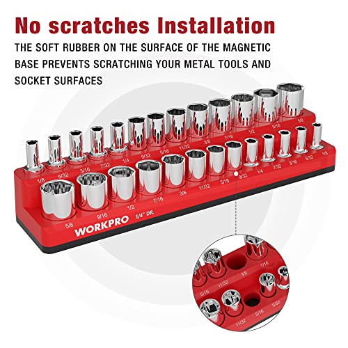 Image of WORKPRO Magnetic Socket Organizer, 1 /4-Inch SAE Socket Holder | Hold 26-Piece Sockets, Suitable for Standard and Deep Socket, Magnetic Base, No Scratches Installation, Sockets not Included